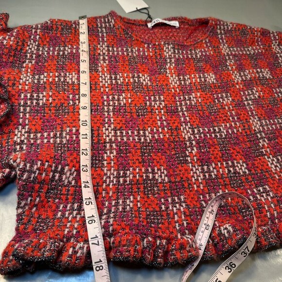Zara Cropped Blouse Plaid Tweed Sweater Top Womens Knit Ruffled Sleeves Wool - Picture 13 of 16